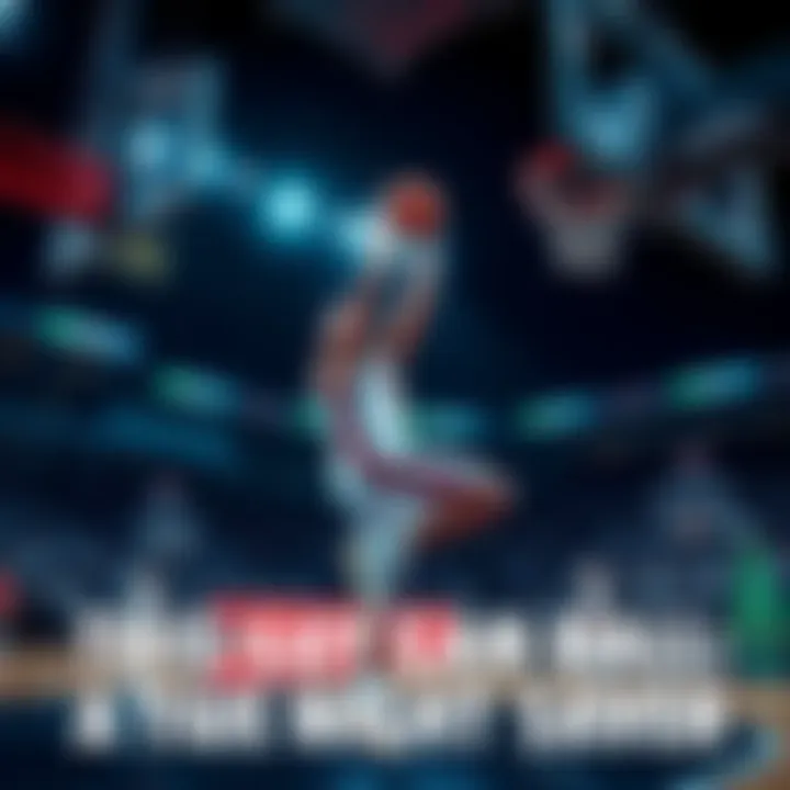 Basketball Player in Action A basketball player makes a game-winning shot on the court, showcasing his impressive skills and determination during a nighttime game.