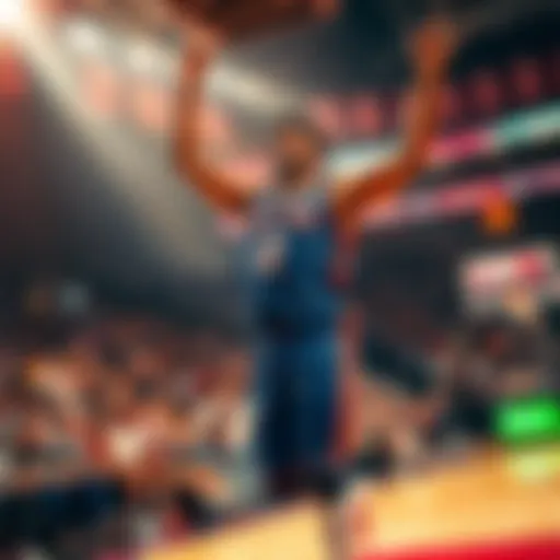 A basketball player jumping in joy after a big win, fist raised, symbolizing a comeback after a loss. He is on a court with fans cheering.