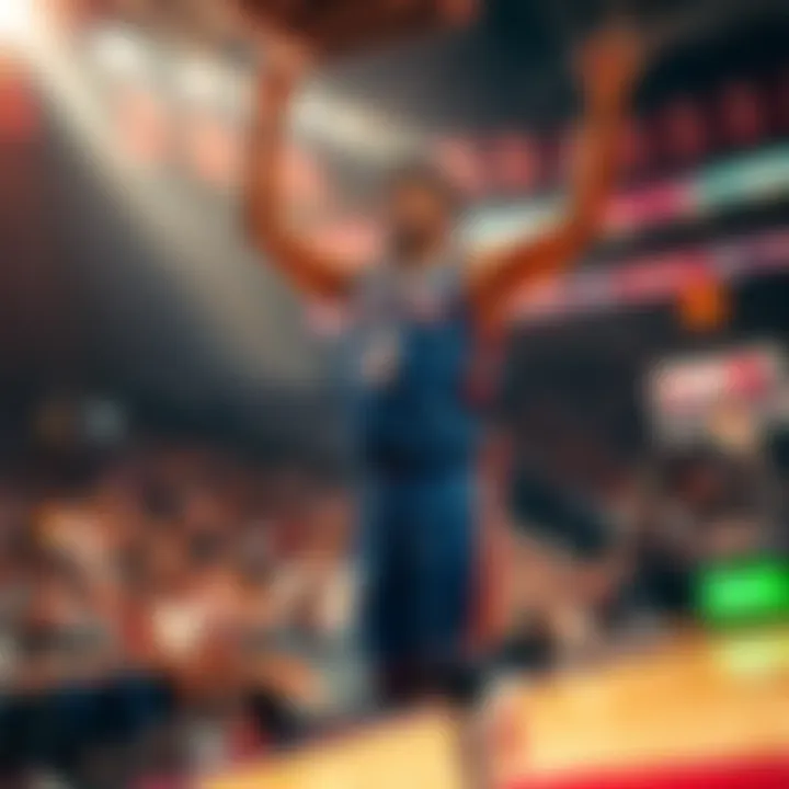 A basketball player jumping in joy after a big win, fist raised, symbolizing a comeback after a loss. He is on a court with fans cheering.