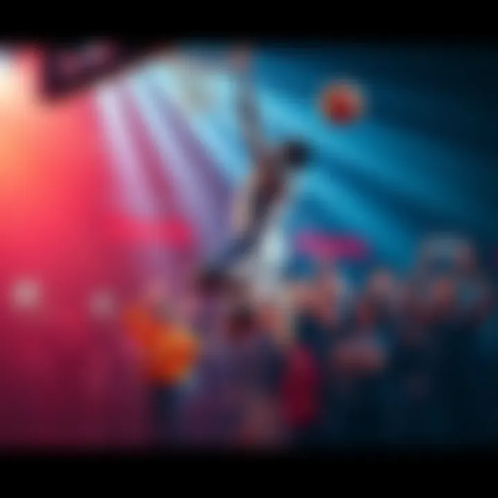 Basketball player making an intense dunk A basketball player leaps high to execute a dramatic dunk as fans react with excitement in the background