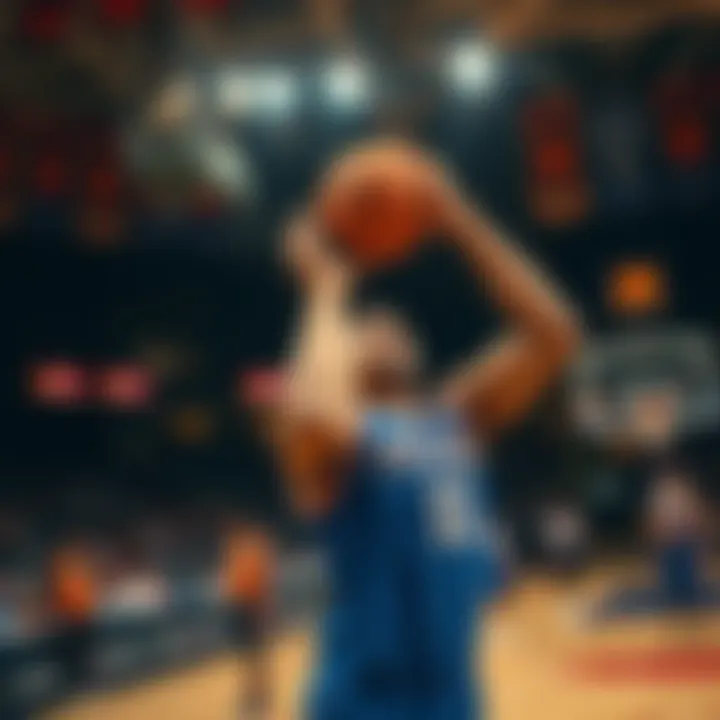A basketball player focused on making a free throw, with teammates and opponents watching closely.