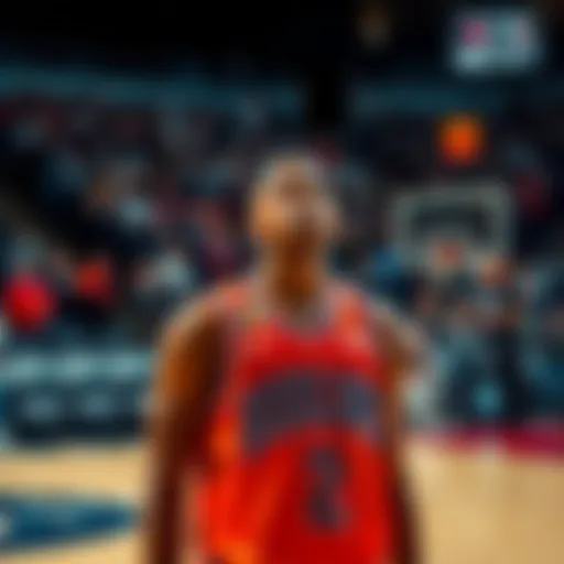 A basketball player stands on the court, looking frustrated after a game, with fans in the background expressing concern about rebound statistics.