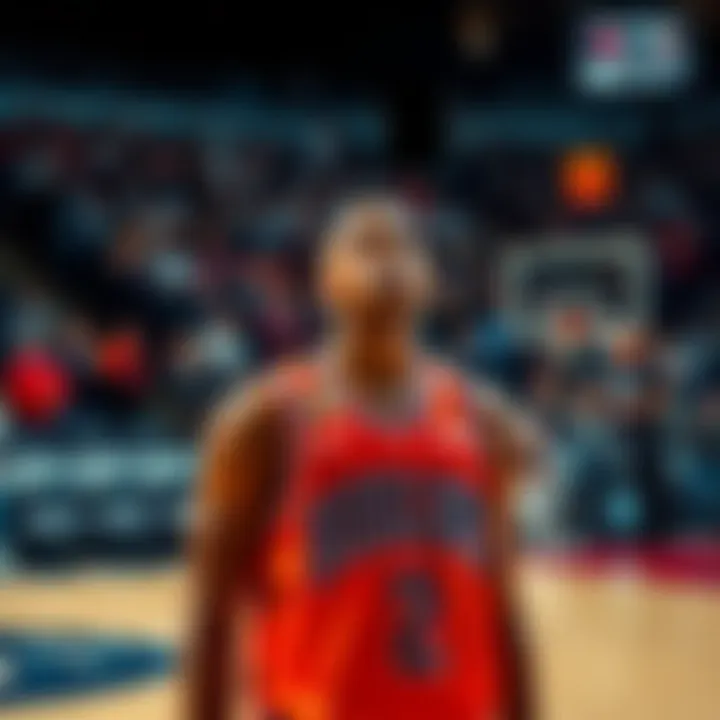 A basketball player stands on the court, looking frustrated after a game, with fans in the background expressing concern about rebound statistics.