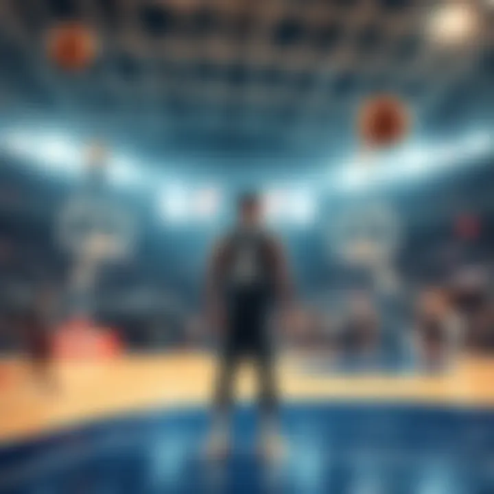 A basketball player stands still on the court as two rebounds come his way during a game, showing a lack of effort.