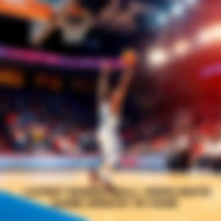 A basketball player attempting a shot during a game with fans cheering in the background