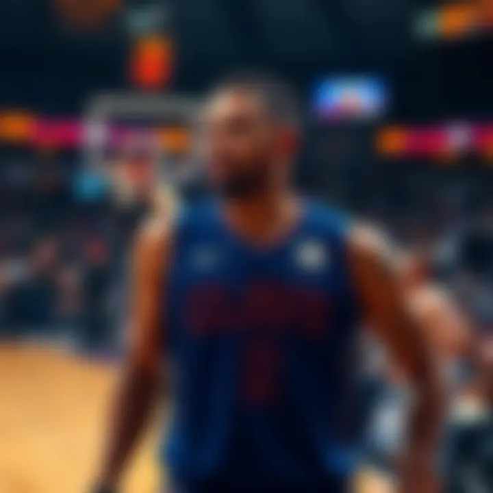 A basketball player looking surprised during a game, with teammates and fans in the background