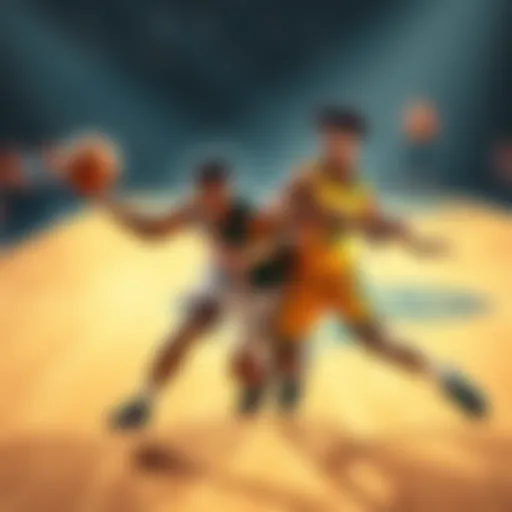 Two basketball players from Kent State and Ball State competing for the ball on the court