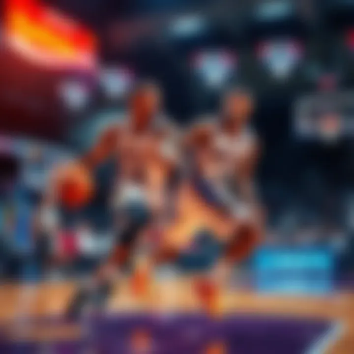 Two basketball players competing in an NBA game, showcasing their skills on the court