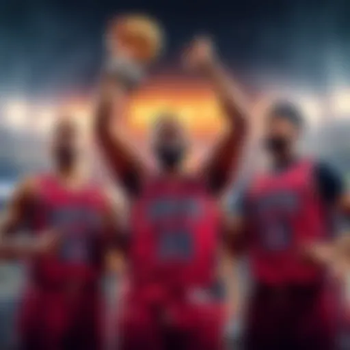 Three basketball players celebrating a victory during NBA playoffs with a trophy in the background.