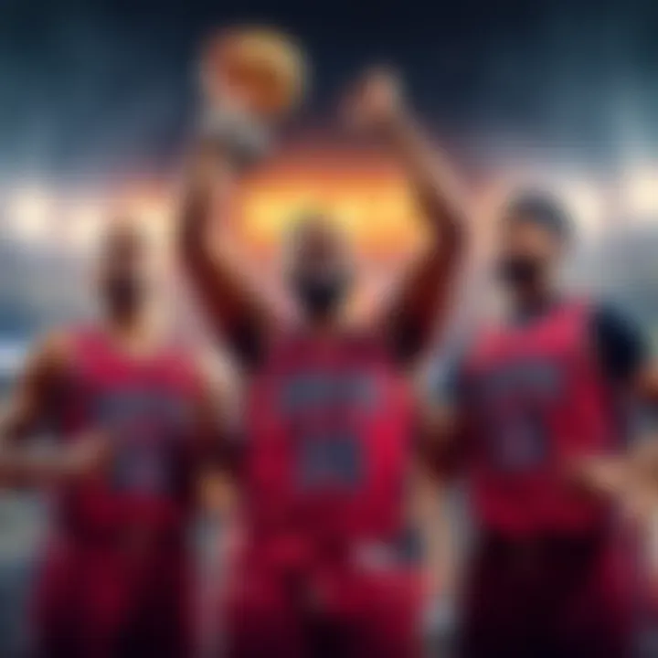Three basketball players celebrating a victory during NBA playoffs with a trophy in the background.