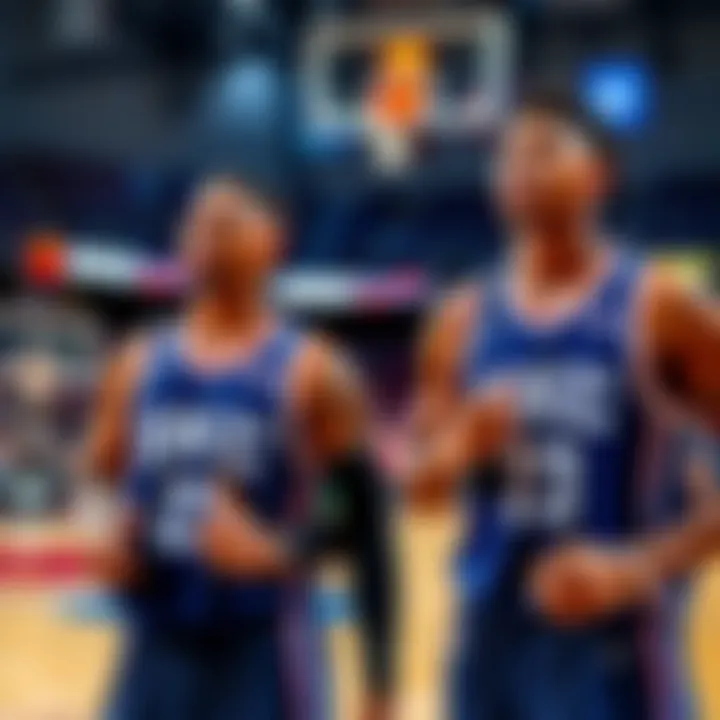 Two basketball players warm up on the court before the OKC vs. Washington game, showcasing their focused expressions and team jerseys.