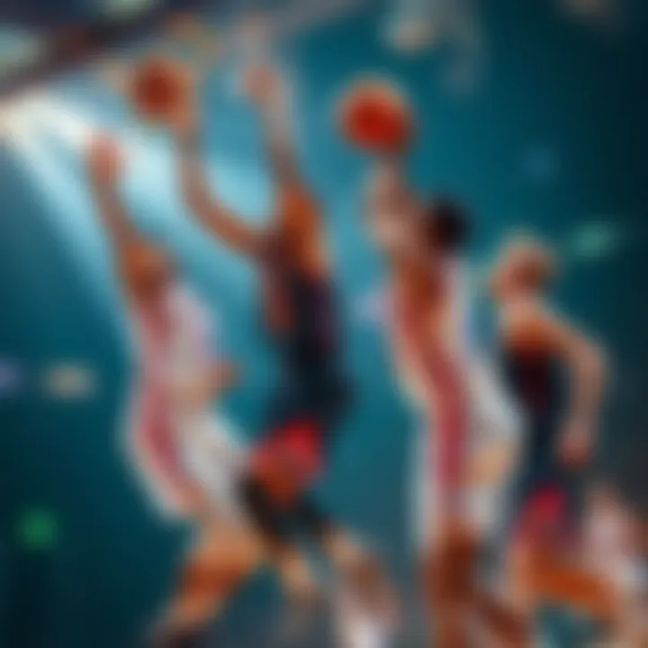 Two basketball players jumping to grab a rebound while a teammate looks on