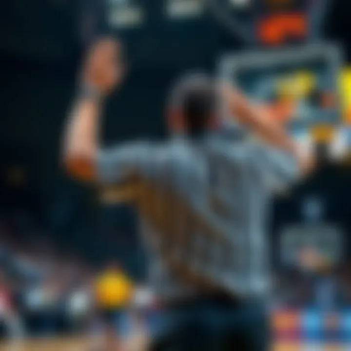 A referee signals a free throw decision during a basketball game, with Brown visible in the background looking frustrated.