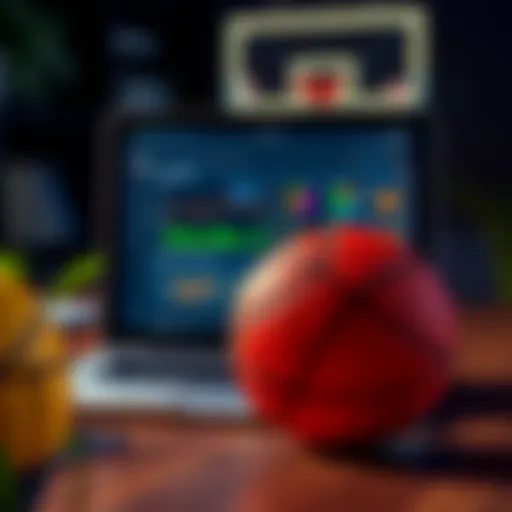 A laptop displaying basketball stats and analysis tools with a basketball in the background