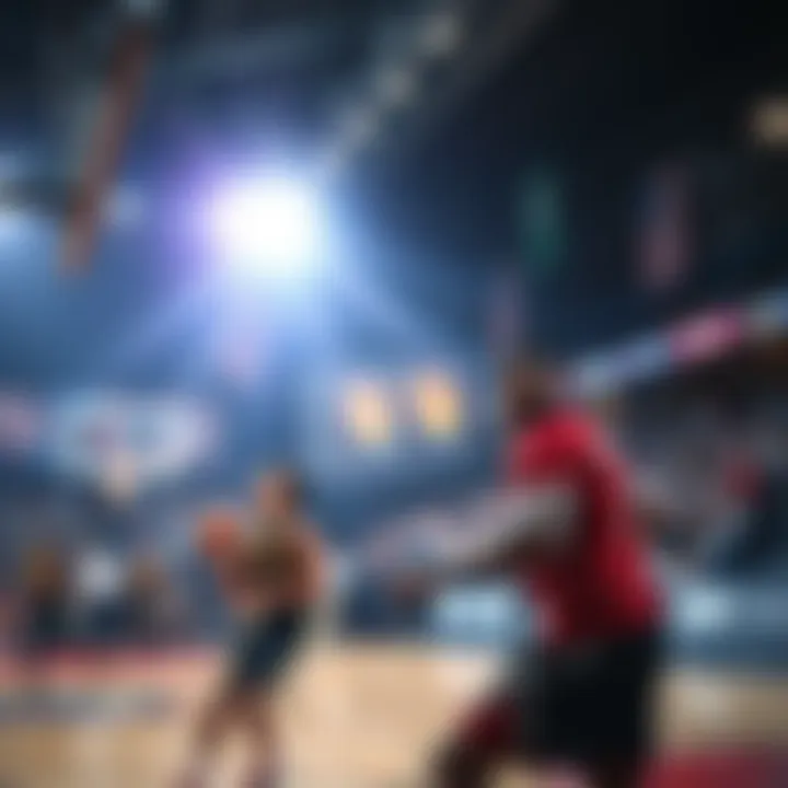 Two basketball teams on the court, showing intense gameplay during a close match, with players focused and fans cheering