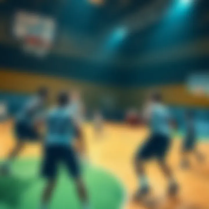Basketball players competing in a tournament A group of players competing in a round robin basketball tournament on a court, showcasing their skills and teamwork.