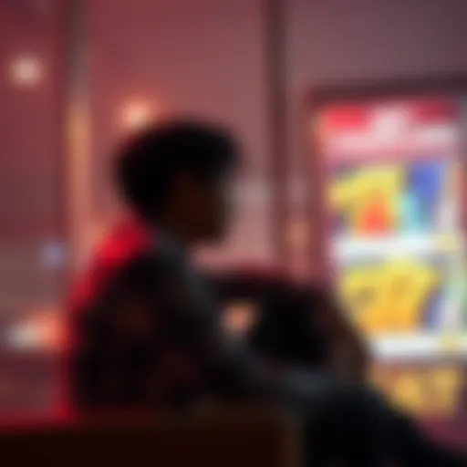 A person sitting alone, looking pensive, with a gambling ad nearby, expressing struggle against cravings