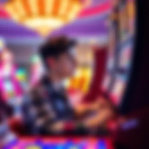 A young adult playing slots at a casino in the Bay Area, surrounded by colorful lights and gaming tables.