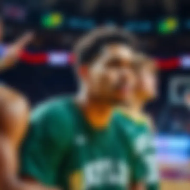 A close-up of Baylor basketball player Buddy looking frustrated on the court during a game, with teammates around him.
