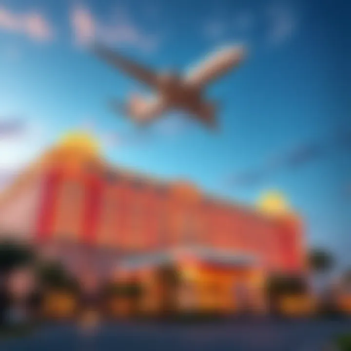Exterior view of Beau Rivage Hotel with an airplane flying overhead, highlighting travel options.