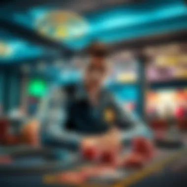 A novice gambler sits at a casino table, focused on the game while managing their chips and looking determined to win.