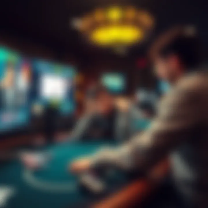 A beginner sits at a virtual Blackjack table, looking frustrated as they lose against the dealer, with a computer screen displaying cards and chips around them.