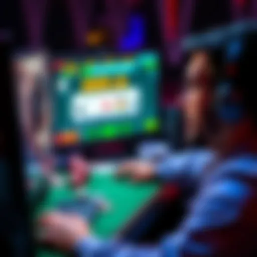 A person learning to play poker online, looking at a computer screen with cards and chips displayed, focused and excited.