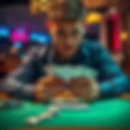 A beginner poker player examines their cards, looking confused at the outcome of the game.