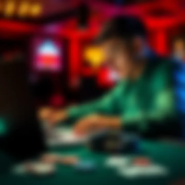 A beginner poker player looking at a laptop screen with poker cards in front of them, excited to learn the game online.