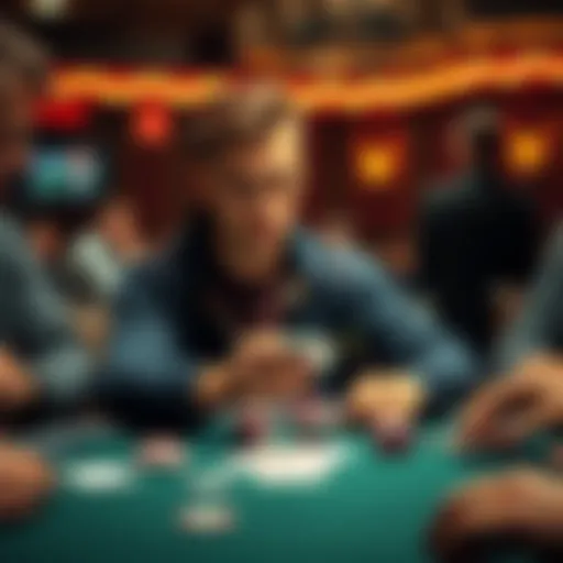 A novice poker player sitting at a table, studying cards and chips with focused expression, surrounded by fellow players and poker elements.