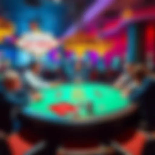 A beginner poker table set in a vibrant Las Vegas casino, with players enjoying a friendly game of 1/2 cash poker.