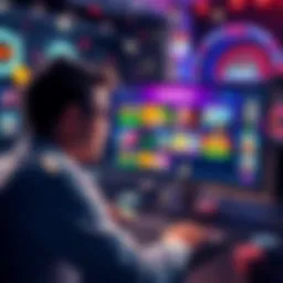 A beginner looking at a computer screen displaying various online casino games and promotions, surrounded by casino-themed graphics like chips and dice.