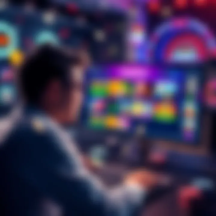 A beginner looking at a computer screen displaying various online casino games and promotions, surrounded by casino-themed graphics like chips and dice.