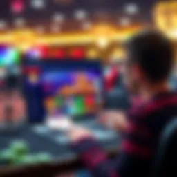 A beginner looking at an online casino website on a laptop, with colorful graphics on the screen