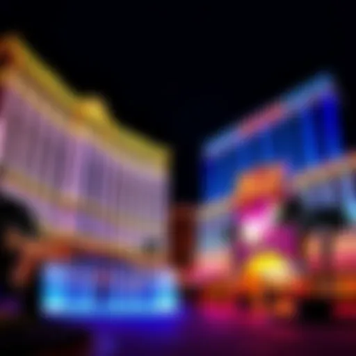 Exterior view of Bellagio and Aria casinos with bright lights and lively atmosphere