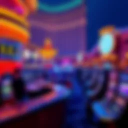 A vibrant gaming area at Bellagio with players at table games and slot machines, showcasing the excitement of a Vegas trip.