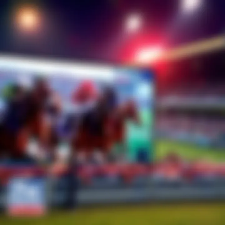 View of Belmont broadcast screen showing horses with audience sounds