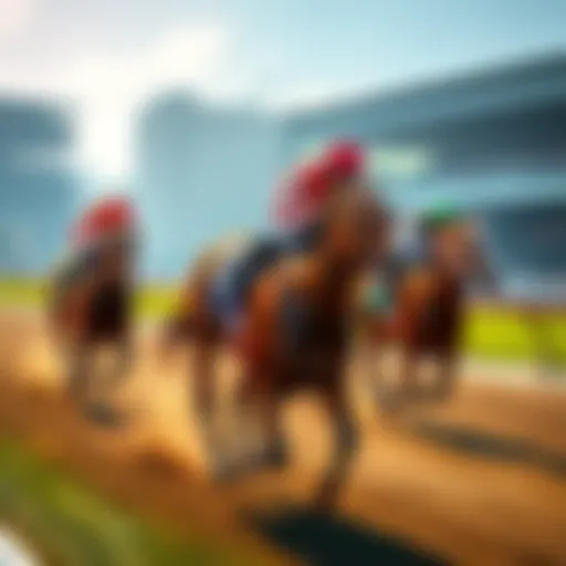 A sleek horse named Lost In Rome runs fast at Belmont Race 3, showing strength and speed, with a jockey in vibrant colors urging him on.