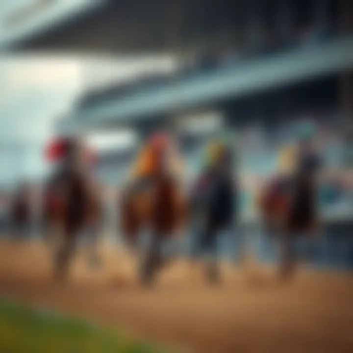 A group of thoroughbred horses racing down the track at the Belmont Stakes, with spectators cheering in the background