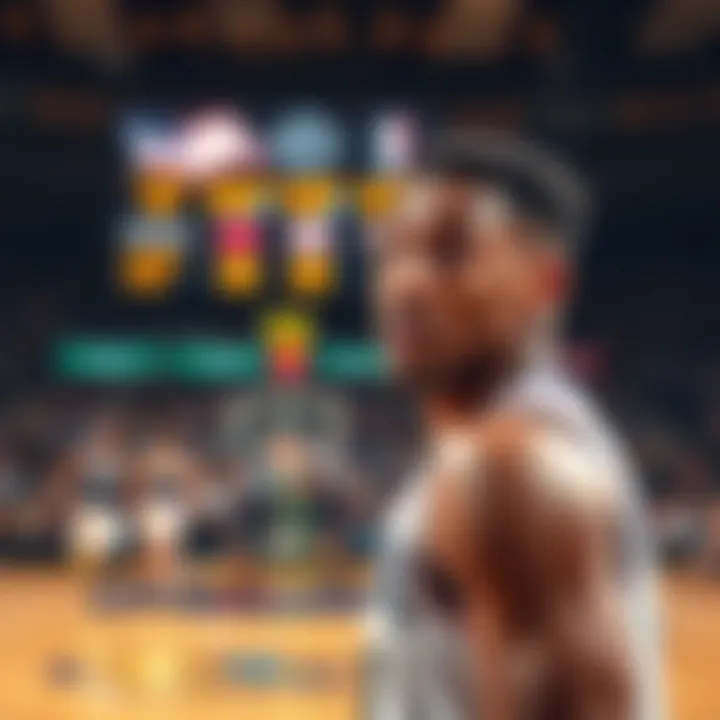 Bennedict Mathurin looking surprised as he reviews his game stats after a rebound correction, with a scoreboard in the background showing the game's final moments