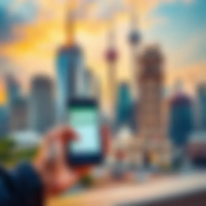 Best Betting Apps in USA A traveler using a smartphone to access betting apps with various landmarks in the background.