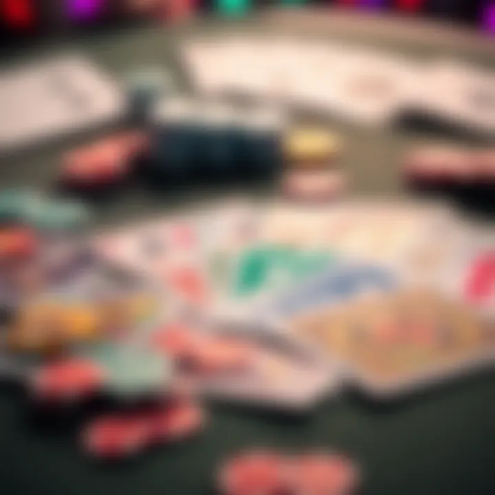 A colorful display of various betting cards laid out on a table with poker chips and a deck of playing cards in the background.
