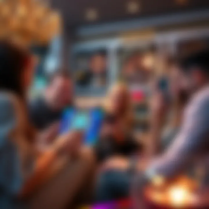 A group of people discussing their favorite online casinos with laptops and mobile devices in a cozy setting.