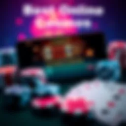 A smartphone showing a casino app with slots, blackjack, and roulette games on the screen, surrounded by poker chips and playing cards.