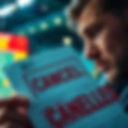 A close-up of a betting slip with a red canceled stamp and a confused gambler looking at it