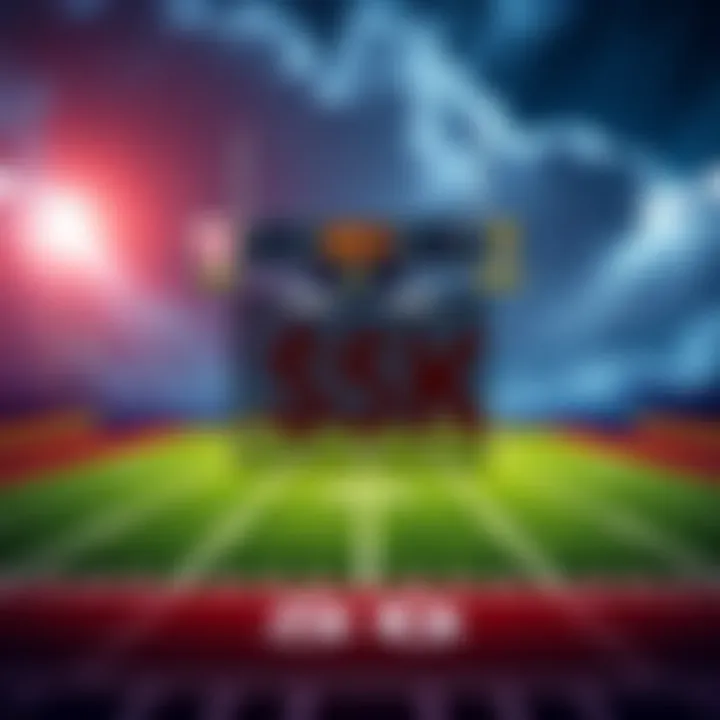 A football field with a scoreboard showing low scores for the Troy vs Southern Miss college football game, with a $5K bet graphic overlay