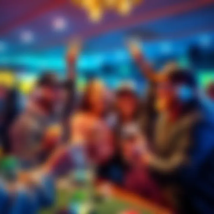 Group of happy sports bettors celebrating their wins at a BetClub event, with winning tickets and drinks in hand.