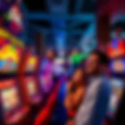 A colorful array of Betonline slot machines with players smiling and enjoying their gaming experience