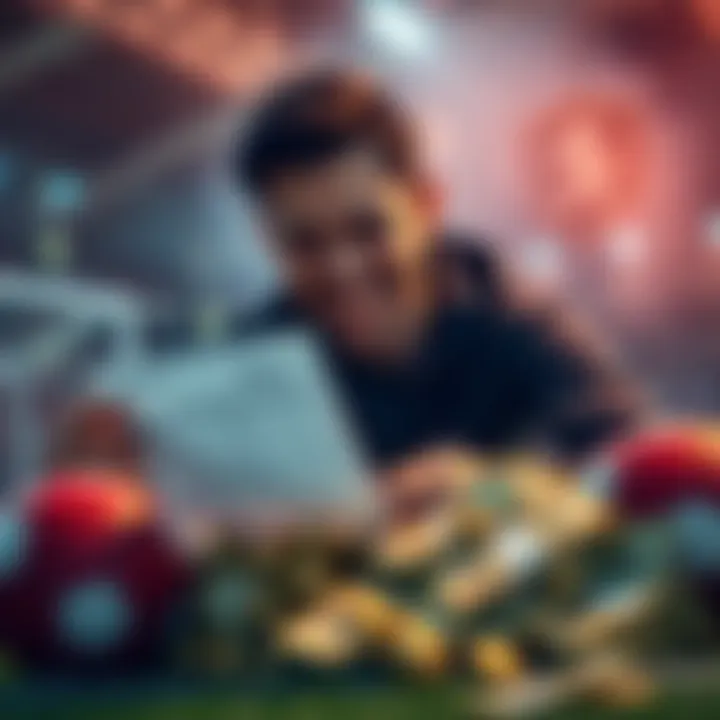 Bets and Winnings A person smiling while looking at a betting slip, surrounded by cash and footballs, indicating a successful betting strategy.