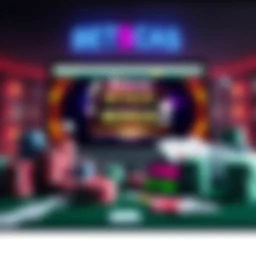 A computer screen displaying the Betscas online gambling site with a large bonus announcement, surrounded by poker chips and playing cards, suggesting a gambling theme.